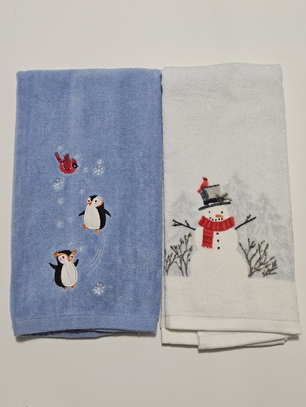 St. Nicholas Square Penguin & Snowman Themed Cotton Hand Towels Blue White Bathr